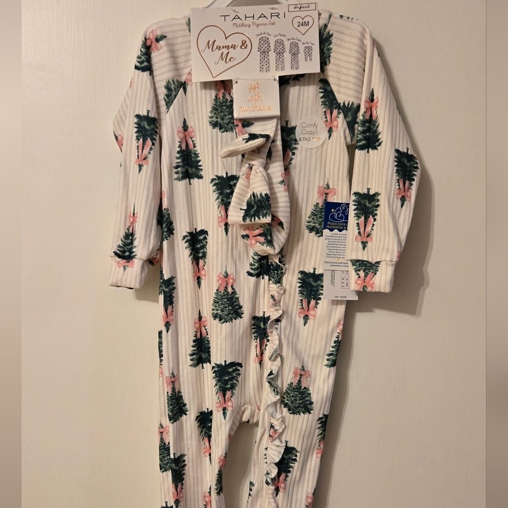 Tahari Viral Matching Festive Pink and Green Tree Print Footed Sleeper